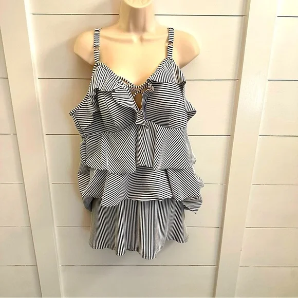 CACIQUE SWIM 18 blue striped ruffle top and bottom woman Tankini coastal - Picture 2 of 12